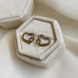 VTG Gold Heart CZ Diamond Stud Earrings
